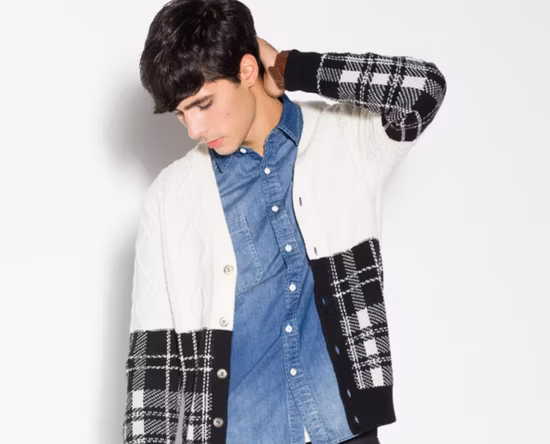 Mens Crochet Patchwork Grey Plaid Zip Cardigan