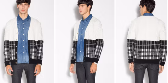 Mens Crochet Patchwork Grey Plaid Zip Cardigan