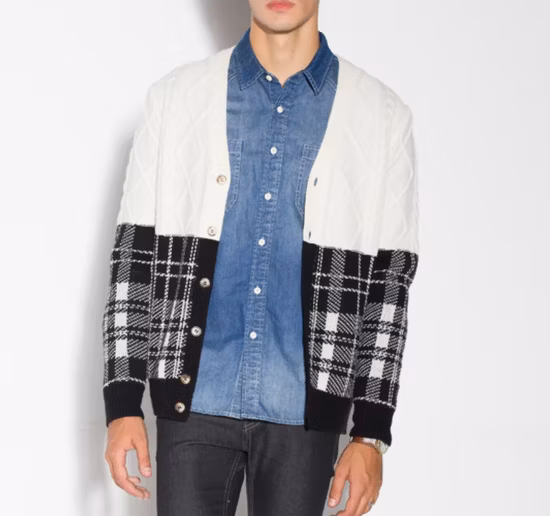 Mens Crochet Patchwork Grey Plaid Zip Cardigan