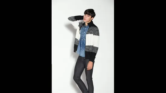 Mens Crochet Patchwork Grey Plaid Zip Cardigan