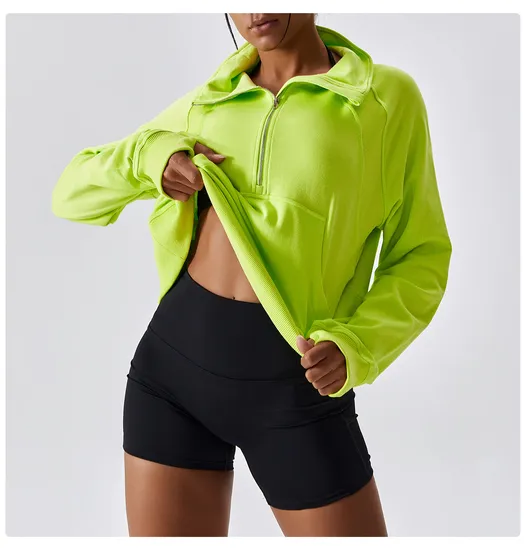 Maglione fitness da donna con cerniera, collo alto, antivento, da corsa, all'aperto, allentato, a maniche lunghe, camicia sportiva da yoga