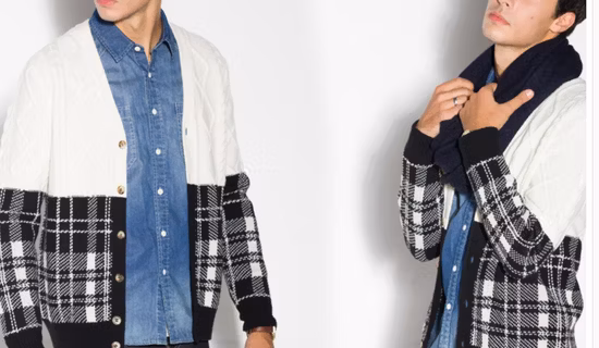 Cardigan con zip scozzese scozzese grigio patchwork all'uncinetto da uomo